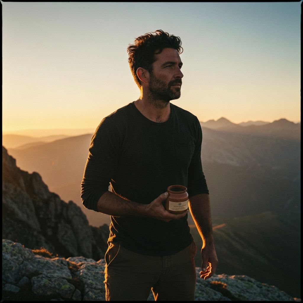 Man holding botanical powder on mountain at golden hour